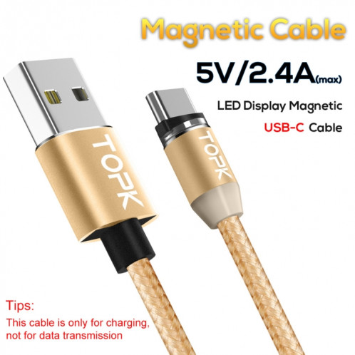 TOPK AM23 1m 2.4A Max USB vers USB-C / Type-C Câble de Charge Magnétique Tressé en Nylon avec Indicateur LED (Or) ST480J1562-08