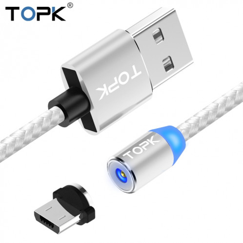 TOPK AM23 1m 2.4A Max USB vers Micro USB Câble de Charge Magnétique Tressé en Nylon avec Indicateur LED (Argent) ST482S1334-08