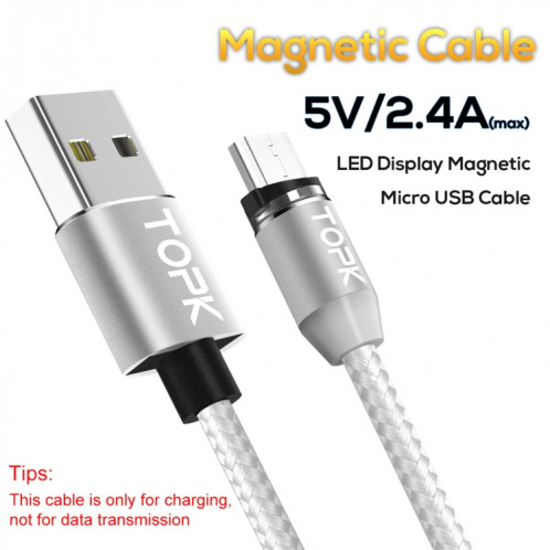 TOPK AM23 1m 2.4A Max USB vers Micro USB Câble de Charge Magnétique Tressé en Nylon avec Indicateur LED (Argent) ST482S1334-08