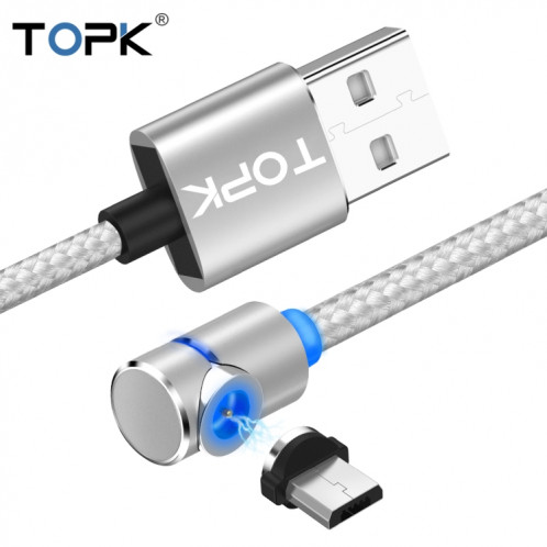 TOPK AM30 Câble de charge magnétique coudé à 90 degrés USB vers micro USB 1 m 2,4 A max avec indicateur LED (argent) ST484S339-010