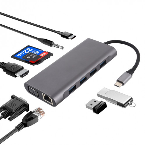 11 en 1 VGA + Port LAN + 4 x USB 3.0 + Carte SD / TF + HDMI + Port Audio + Adaptateur USB-C / Type-C Femelle vers USB-C / Type-C HUB (Gris Foncé) SH36DG408-09