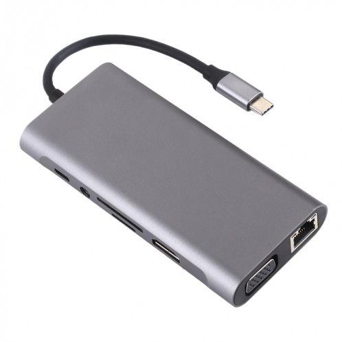 11 en 1 VGA + Port LAN + 4 x USB 3.0 + Carte SD / TF + HDMI + Port Audio + Adaptateur USB-C / Type-C Femelle vers USB-C / Type-C HUB (Gris Foncé) SH36DG408-09