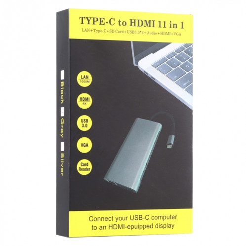 11 en 1 VGA + Port LAN + 4 x USB 3.0 + Carte SD / TF + HDMI + Port Audio + Adaptateur USB-C / Type-C Femelle vers USB-C / Type-C HUB (Gris Foncé) SH36DG408-09