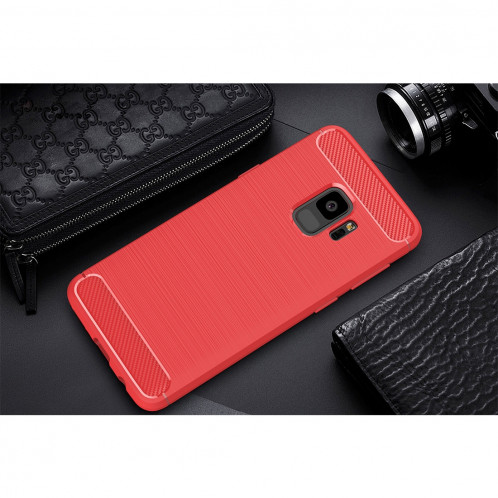 Pour Samsung Galaxy S9 Texture de fibre de carbone brossé Soft TPU Anti-skip Housse de protection arrière (rouge) SF214R1502-011