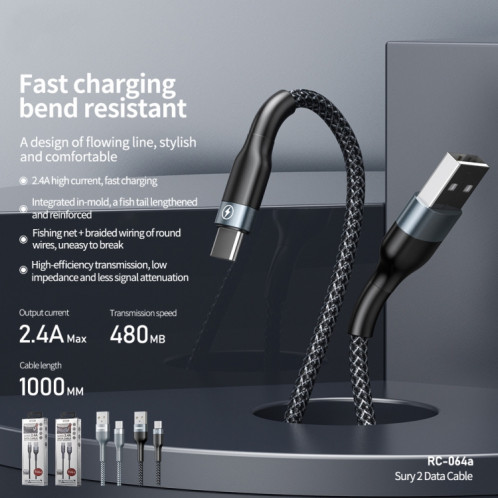 REMAX RC-064a Sury 2 Series 1m 2.4A USB to USB-C / Type-C Câble de données de charge rapide (gris) SR660H365-04