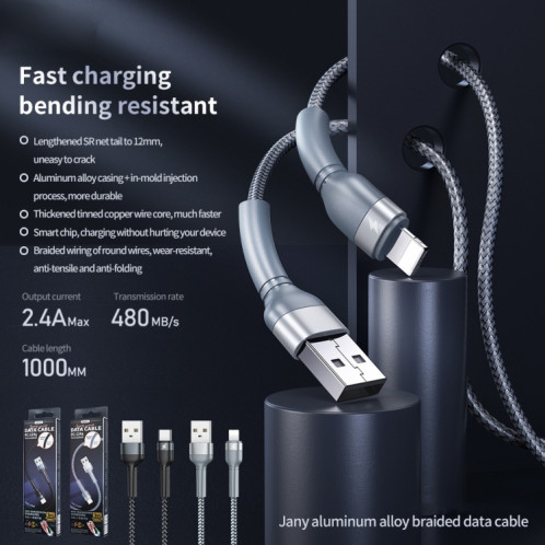 REMAX RC-124a 1m 2.4A USB vers USB-C / Type-C Câble de données de charge rapide en alliage d'aluminium (noir) SR662B738-04