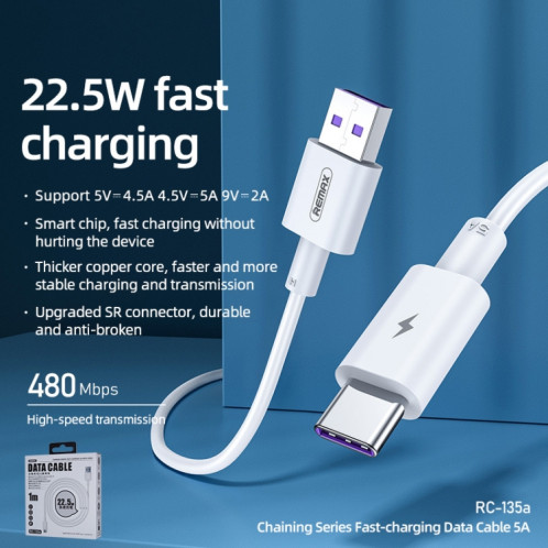 REMAX RC-135A 1m 5A USB vers USB-C / Type-C 22.5W Câble de données de charge rapide PD (blanc) SR666W1282-03