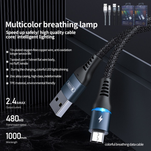 REMAX RC-152M 1m 2.4A USB vers Micro USB Câble de données respiratoire coloré (Argent) SR668S1568-04
