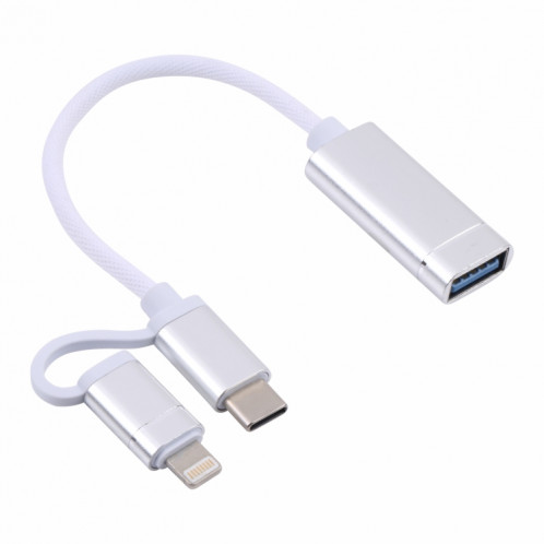 USB 3.0 Femme à 8 broches + USB-C / Type-C Chargement mâle + Transmission OTG Nylon TRAIDÉ Câble tressé, Durée du câble: 11cm (argent + blanc) SH197A652-05