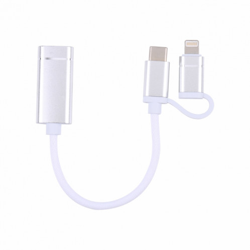 USB 3.0 Femme à 8 broches + USB-C / Type-C Chargement mâle + Transmission OTG Nylon TRAIDÉ Câble tressé, Durée du câble: 11cm (argent + blanc) SH197A652-05