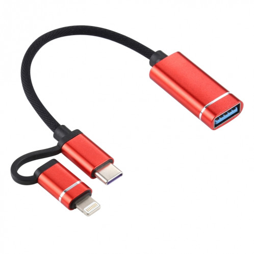 USB 3.0 Femme à 8 broches + USB-C / Type-C Chargement masculin + Transmission Câble d'adaptateur tressé de nylon OTG, Durée du câble: 11cm (rouge) SH197R1917-05
