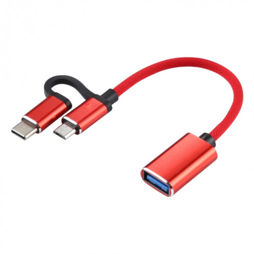 USB 3.0 Femme à micro USB + USB-C / Type-C Chargement masculin + Transmission Câble d'adaptateur tressé en nylon OTG, Longueur du câble: 11cm (rouge) SH198R164-05