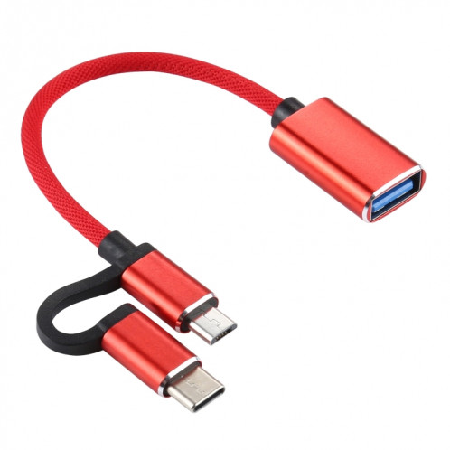 USB 3.0 Femme à micro USB + USB-C / Type-C Chargement masculin + Transmission Câble d'adaptateur tressé en nylon OTG, Longueur du câble: 11cm (rouge) SH198R164-05