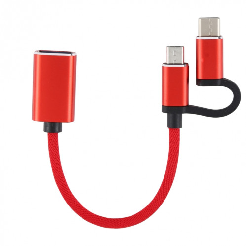 USB 3.0 Femme à micro USB + USB-C / Type-C Chargement masculin + Transmission Câble d'adaptateur tressé en nylon OTG, Longueur du câble: 11cm (rouge) SH198R164-05