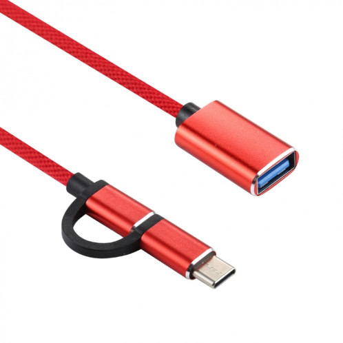 USB 3.0 Femme à micro USB + USB-C / Type-C Chargement masculin + Transmission Câble d'adaptateur tressé en nylon OTG, Longueur du câble: 11cm (rouge) SH198R164-05