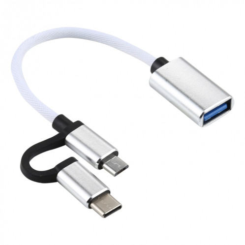 USB 3.0 Femme à micro USB + Chargements USB-C / TYPE-C Homme + Transmission OTG Nylon TRAIDÉ Câble tressé, Longueur du câble: 11cm (blanc) SH198W612-05
