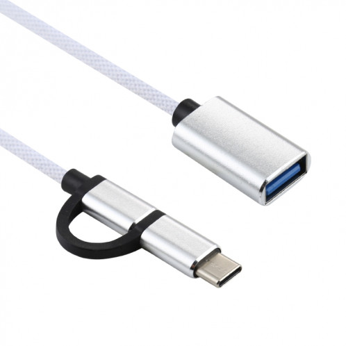 USB 3.0 Femme à micro USB + Chargements USB-C / TYPE-C Homme + Transmission OTG Nylon TRAIDÉ Câble tressé, Longueur du câble: 11cm (blanc) SH198W612-05