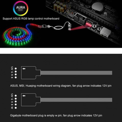 3 broches 5V 1 à 4 Câble d'extension de refroidissement AURA RGB PC pour Asus (Noir) SH375B289-07