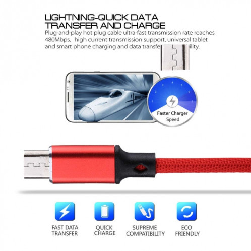 1m 2A Sortie USB vers Micro USB Câble de charge de synchronisation de données de style tissé en nylon, Pour Samsung, Huawei, Xiaomi, HTC, LG, Sony, Lenovo et autres smartphones (rouge) SH621R462-08