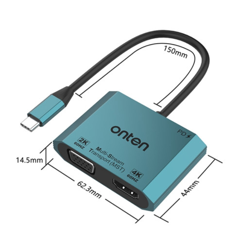 Onten M205 3 en 1 Type-C vers HDMI+VGA+PD Convertisseur Vidéo à Charge Rapide (Vert) SO309G111-07