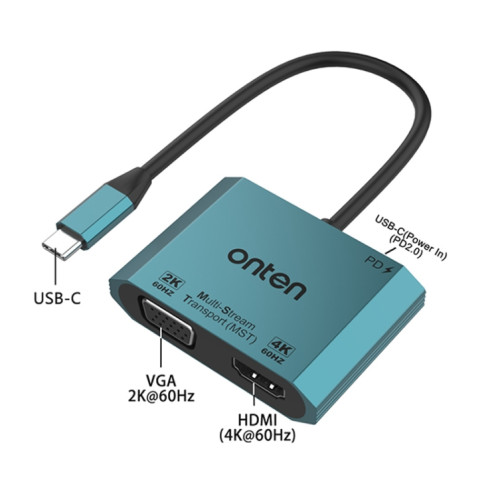 Onten M205 3 en 1 Type-C vers HDMI+VGA+PD Convertisseur Vidéo à Charge Rapide (Vert) SO309G111-07