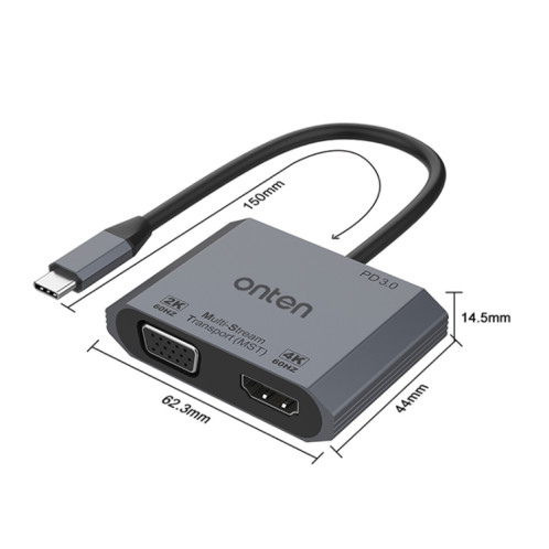 Onten M205 3 en 1 Type-C vers HDMI+VGA+PD Convertisseur Vidéo à Charge Rapide (Gris) SO309H730-07
