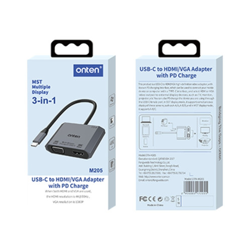 Onten M205 3 en 1 Type-C vers HDMI+VGA+PD Convertisseur Vidéo à Charge Rapide (Gris) SO309H730-07