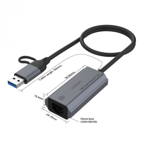 Onten UE101 2 en 1 USB3.0 Carte réseau Gigabit USB-C/Type-C vers Port réseau Hub USB SO83991923-05