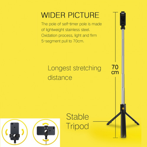 K10 Bluetooth 4.0 Mobile Phone Réglable Bluetooth Selfie Stick Retardateur Pole Trépied (Noir) SH681B509-015