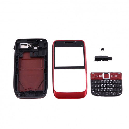 iPartsAcheter pour Nokia E63 Couvercle du boîtier complet (couvercle avant + lunette du cadre médian + couvercle arrière de la batterie + clavier) (rouge) SI00RL1549-06