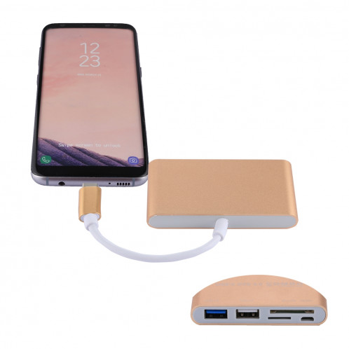 5 en 1 Micro SD + SD + USB 3.0 + USB 2.0 + Port micro USB vers USB-C / Type-C Lecteur de carte adaptateur OTG COMBO pour tablette, smartphone, PC (Gold) SH547J1066-09