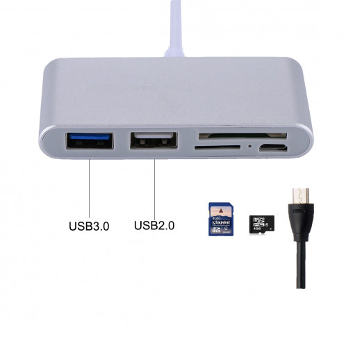 5 en 1 Micro SD + SD + USB 3.0 + USB 2.0 + Port micro USB vers USB-C / Type-C Lecteur de cartes d'adaptateur OTG COMBO pour tablette, smartphone, PC (Argent) SH547S286-09