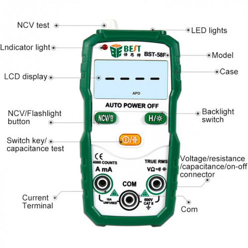 Meilleur multimètre de gamme entièrement automatique BST-58F sans décalage Identification intelligente multimètre numérique ménage Mini Instrument électrique SB79371634-010
