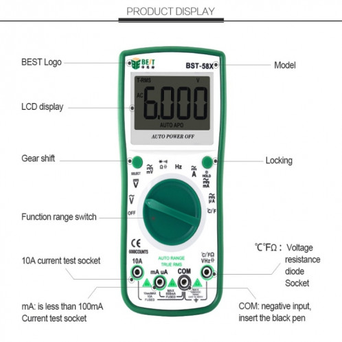 MEILLEUR multimètre numérique multifonction BST-58X plage automatique affichage semi-rétro-éclairé à quatre positions Anti-brûlure intelligent SB7938822-08