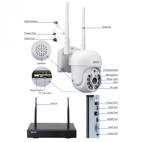 Caméra de surveillance sans fil HD de 4 canaux ESCAM WNK714 3.0 millions de pixels. SE00EU1038-014