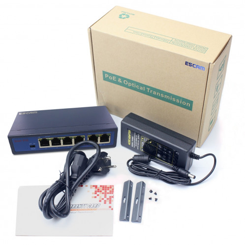 ESCAM POE 4 + 2 Commutateur Fast Ethernet à 6 ports Commutateur réseau POE 10 / 100M 120W à 4 ports, Distance de transmission: 150m (Noir) SE142B581-07