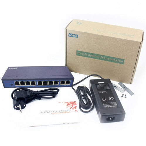 ESCAM POE 8 + 2 Commutateur Fast Ethernet à 10 ports Commutateur réseau POE 10 / 100M 120W à 8 ports, Distance de transmission: 150m (Noir) SE143B1608-09
