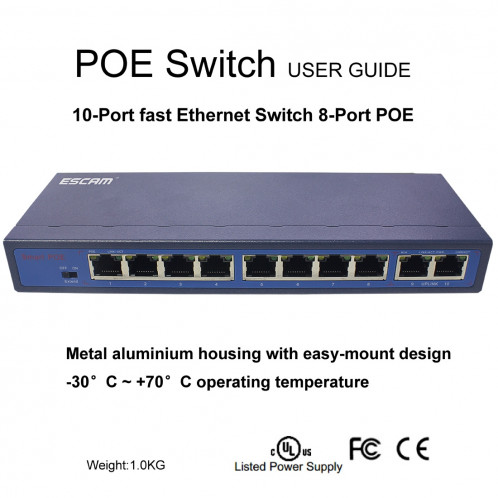 ESCAM POE 8 + 2 Commutateur Fast Ethernet à 10 ports Commutateur réseau POE 10 / 100M 120W à 8 ports, Distance de transmission: 150m (Noir) SE143B1608-09