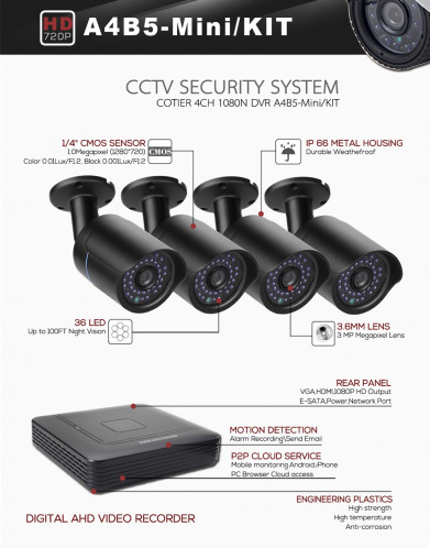 Kit de caméras DVR AHD, caméra de vision nocturne / détection de mouvement, distance infrarouge: 20m COTIER A4B5-Mini 4 canaux 720P 1.0 Mega 4 pixels SC243B1360-020