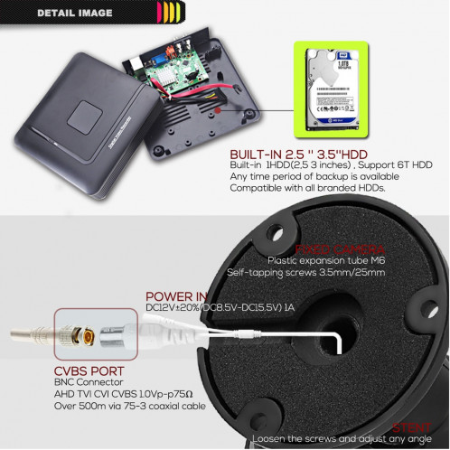 Kit de caméras DVR AHD, caméra de vision nocturne / détection de mouvement, distance infrarouge: 20m COTIER A4B5-Mini 4 canaux 720P 1.0 Mega 4 pixels SC243B1360-020