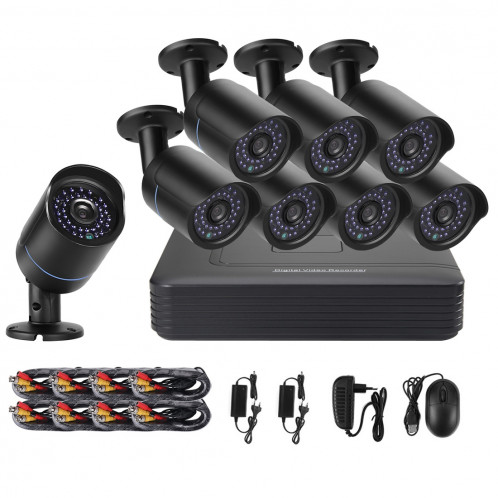 COTIER A8B5-Mini 8 canaux 1080P 2,0 mégapixels 8 x caméras AHD Bullet Kit mini AHD DVR, support de vision nocturne / détection de mouvement, distance IR: 20 m (noir) SC247B1619-021