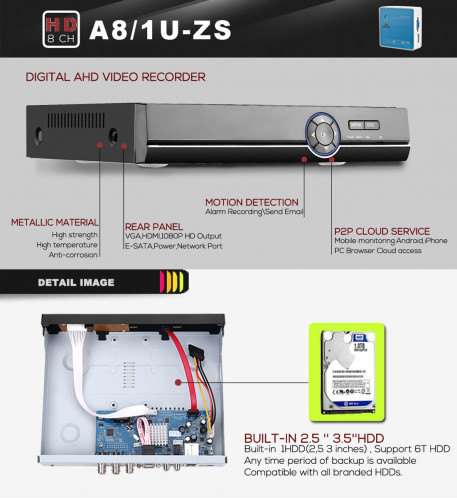 COTIER A81U-ZS 5 en 1 DVR AHD Dual Channel H.264 1080N 8 canaux, prise en charge des signaux AHD / TVI / CVI / CVBS / IP (noir) SC250B1200-014