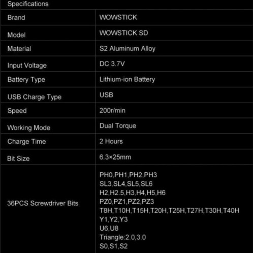 WOWSTICK SD 36 en 1 tournevis électrique au lithium à double alimentation avec lumières LED SH00041788-011
