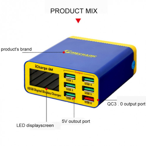 Mécanicien ICHARGE 6M QC 3.0 USB Smart Charger Support Fast Sharging avec LCD, Fiche EU SM04691222-07