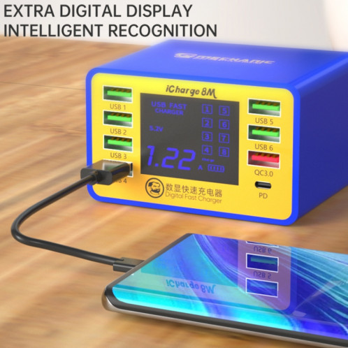 Mécanicien ICHARGE 8M QC 3.0 USB Smart Charger Support Fast Sharging avec LCD, Fiche EU SM0470187-07