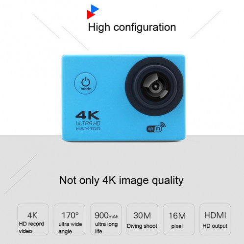 Caméra de sport WiFi HAMTOD H9A HD 4K avec boîtier étanche, Generalplus 4247, écran LCD de 2,0 pouces, objectif grand angle de 120 degrés (blanc) SH415W1449-015