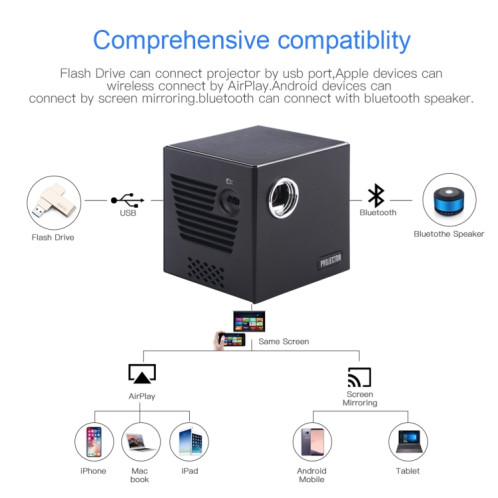 Projecteur HD portable C80 DLP Projecteur à écran géant 120 pouces Blu-ray 4K, Android 7.1.2, prise AU 2 Go + 16 Go SH03041011-07