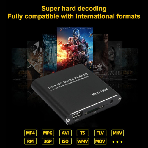 MINI 1080P Full HD Media USB HDD Boîte de lecteur de carte SD / MMC, prise UE (noir) SH602A400-07