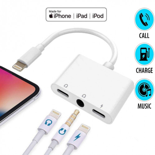 ZS-KL21820 3 en 1 Port de charge 8 broches à 8 broches + prise écouteur 8 broches + prise écouteur 3.5mm adaptateur adaptateur pour écouteurs SH0691939-08