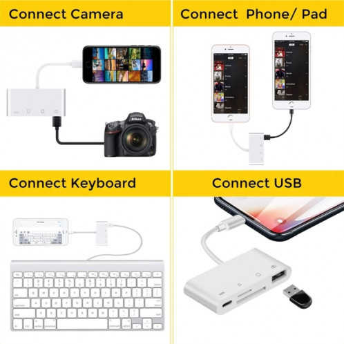 ZS-S1827 Carte SD 4 en 1 + Carte TF + Charge 8 broches + Interface USB vers Adaptateur de lecteur de caméra d'interface 8 broches, Compatible avec IOS 13 SH07761598-011